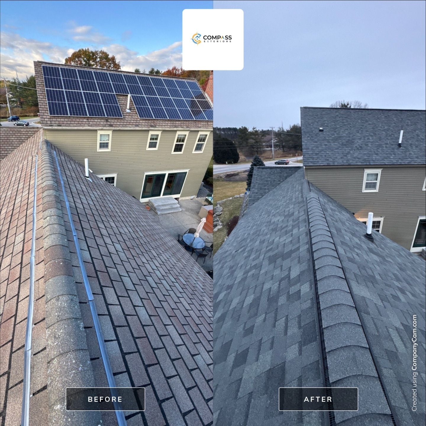 Compass Exteriors roof replacement before and after — 1 Ashbrook Road