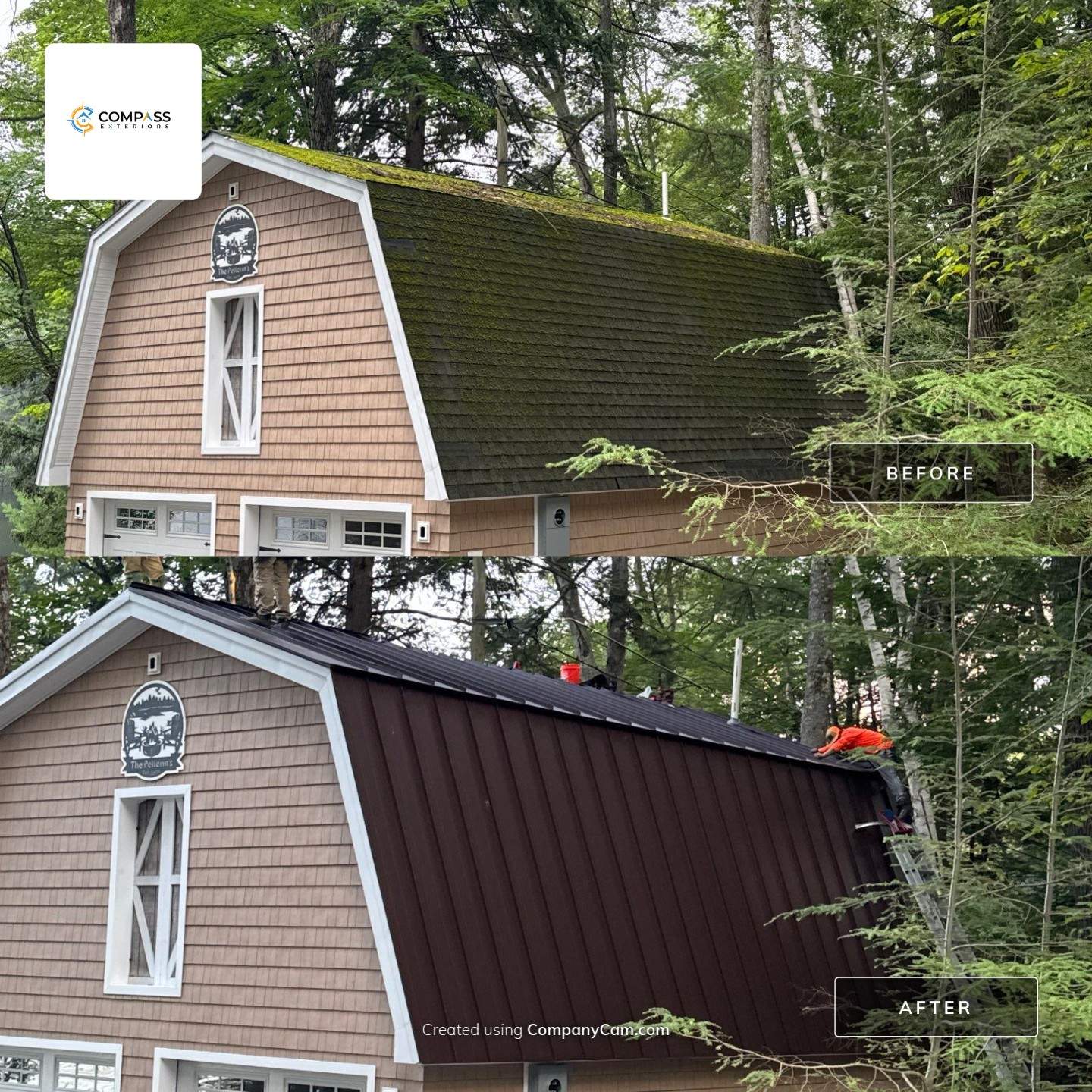 Compass Exteriors roof replacement before and after — 106 Cottage Rd