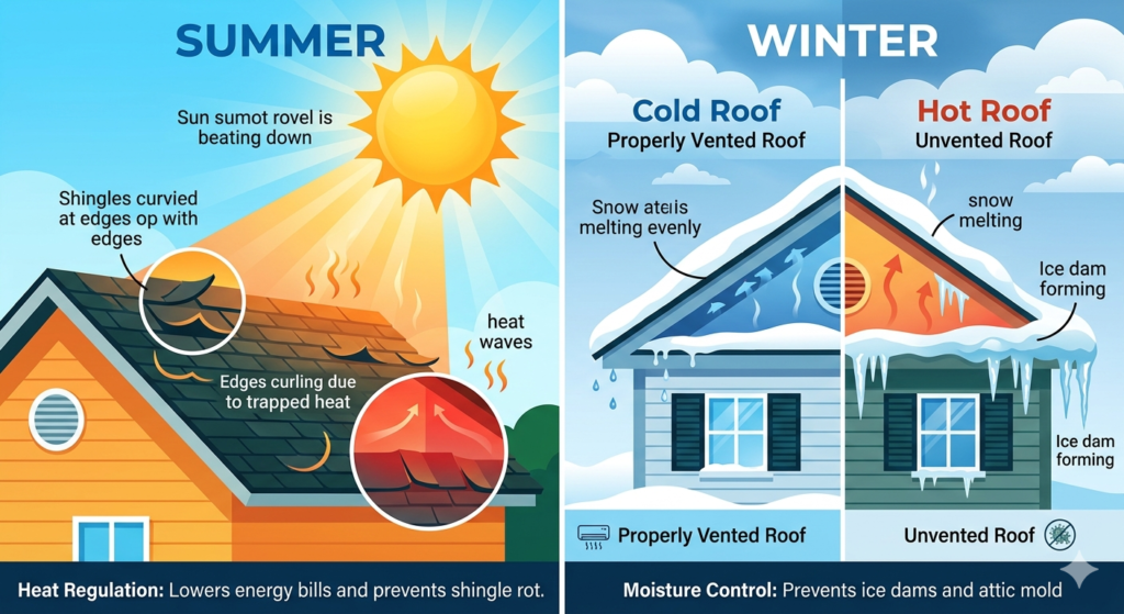 Summer vs. winter attic ventilation: cold roof vs. hot roof diagram showing how balanced ventilation prevents ice dams and summer heat damage