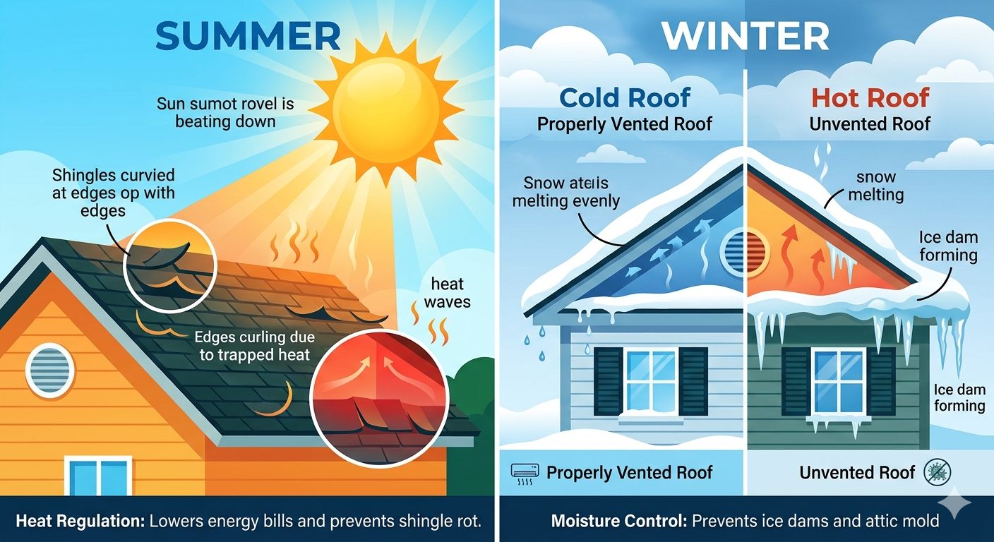Summer vs. winter attic ventilation: cold roof vs. hot roof diagram showing how balanced ventilation prevents ice dams and summer heat damage