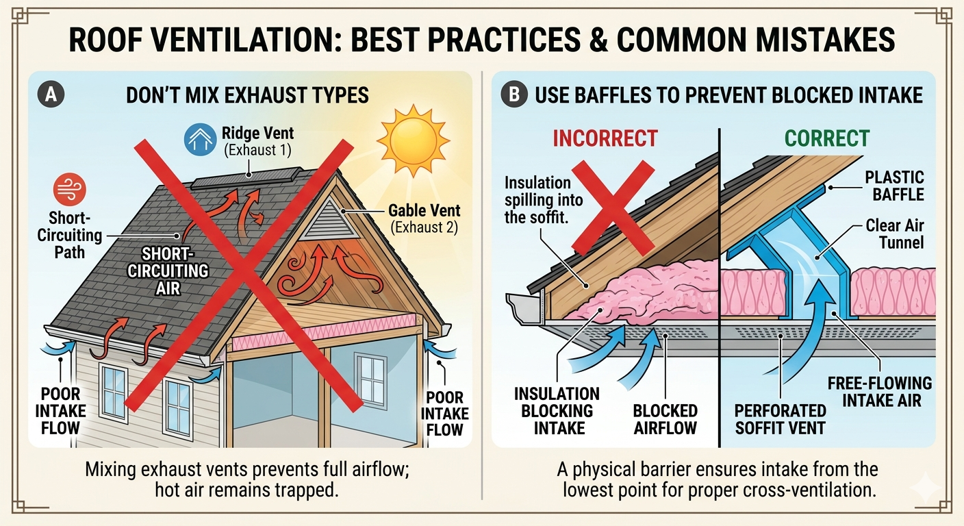 Roof ventilation best practices and common mistakes â don't mix exhaust types, use baffles to prevent blocked intake