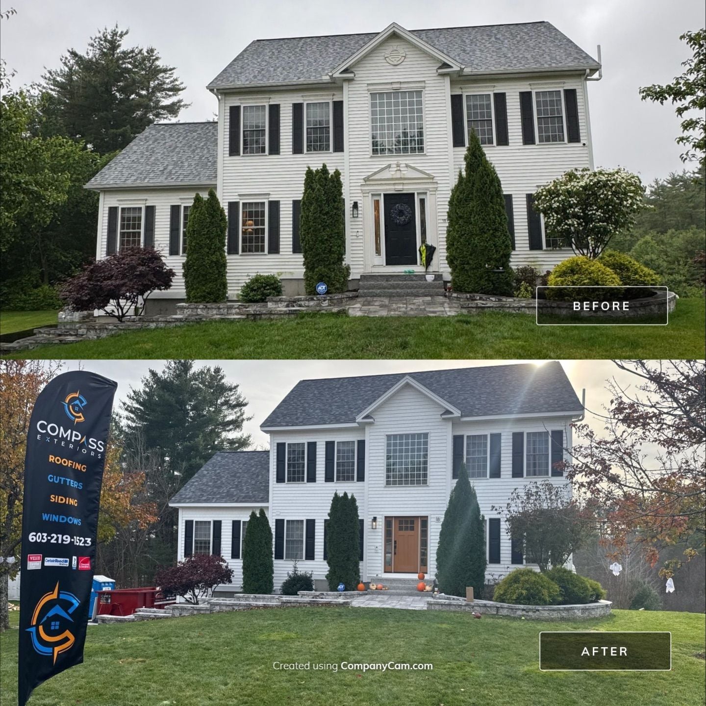 Compass Exteriors roof replacement before and after — 18 Winding Rd