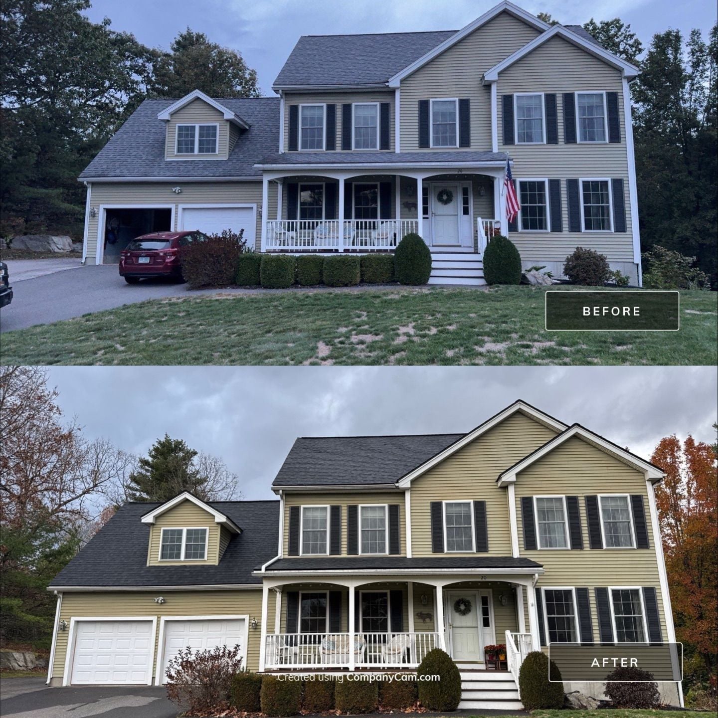 Compass Exteriors roof replacement before and after — 20 Moose Hollow Rd