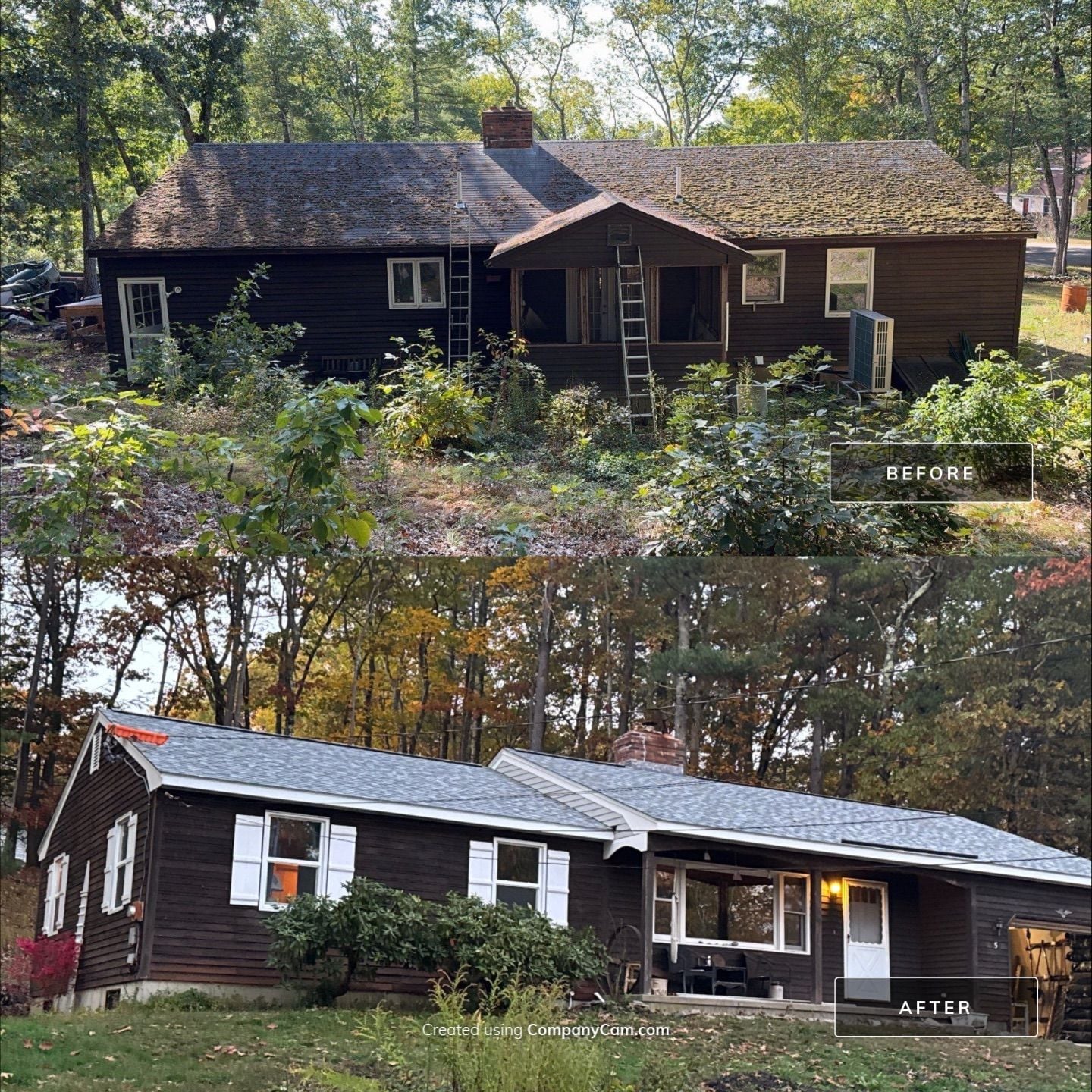 Compass Exteriors roof replacement before and after — 5 Great Hill Dr