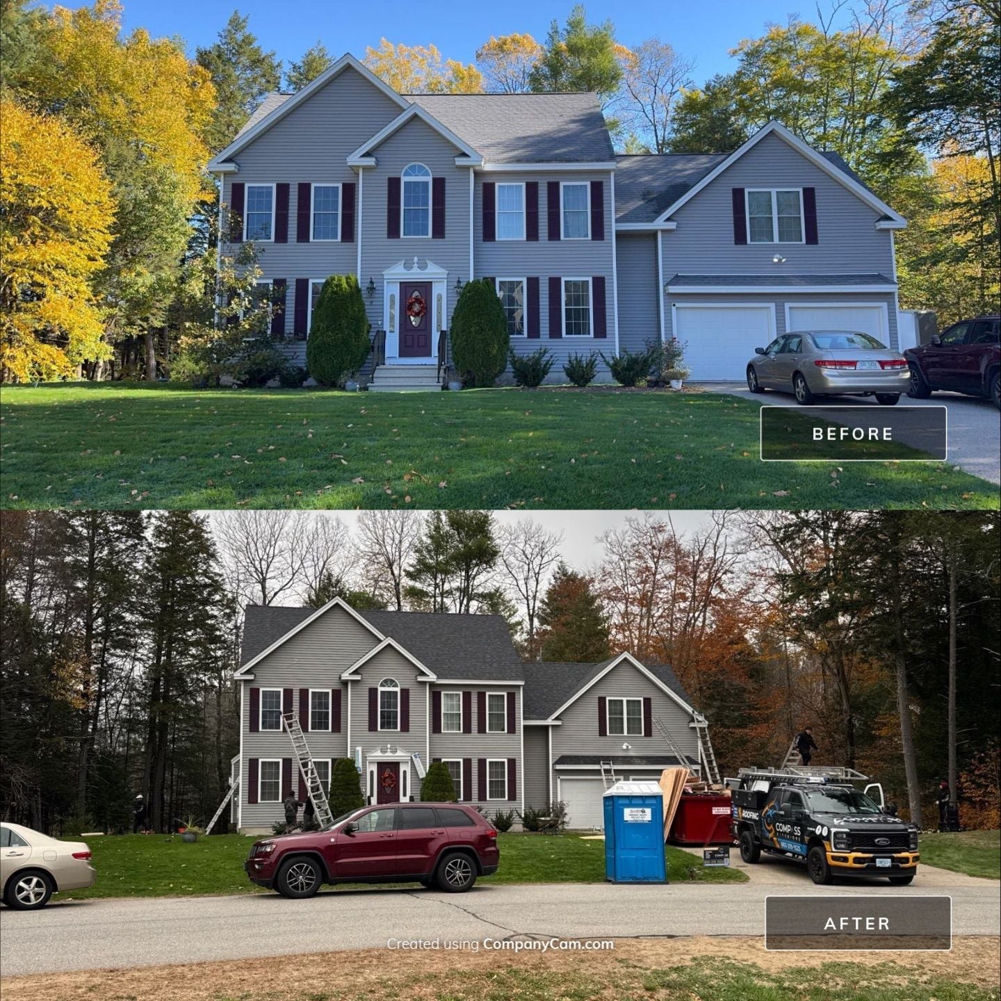 Compass Exteriors roof replacement before and after — 6 Benjamin Circle
