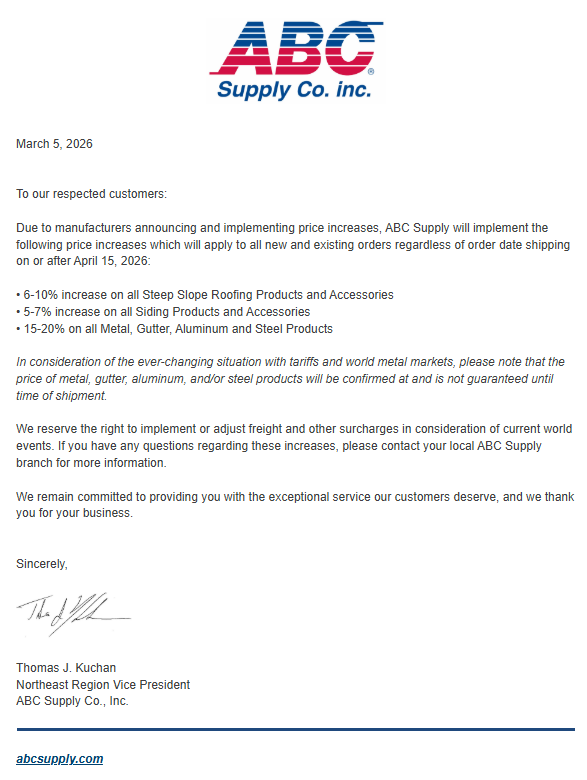 ABC Supply Co., Inc. March 5, 2026 letter