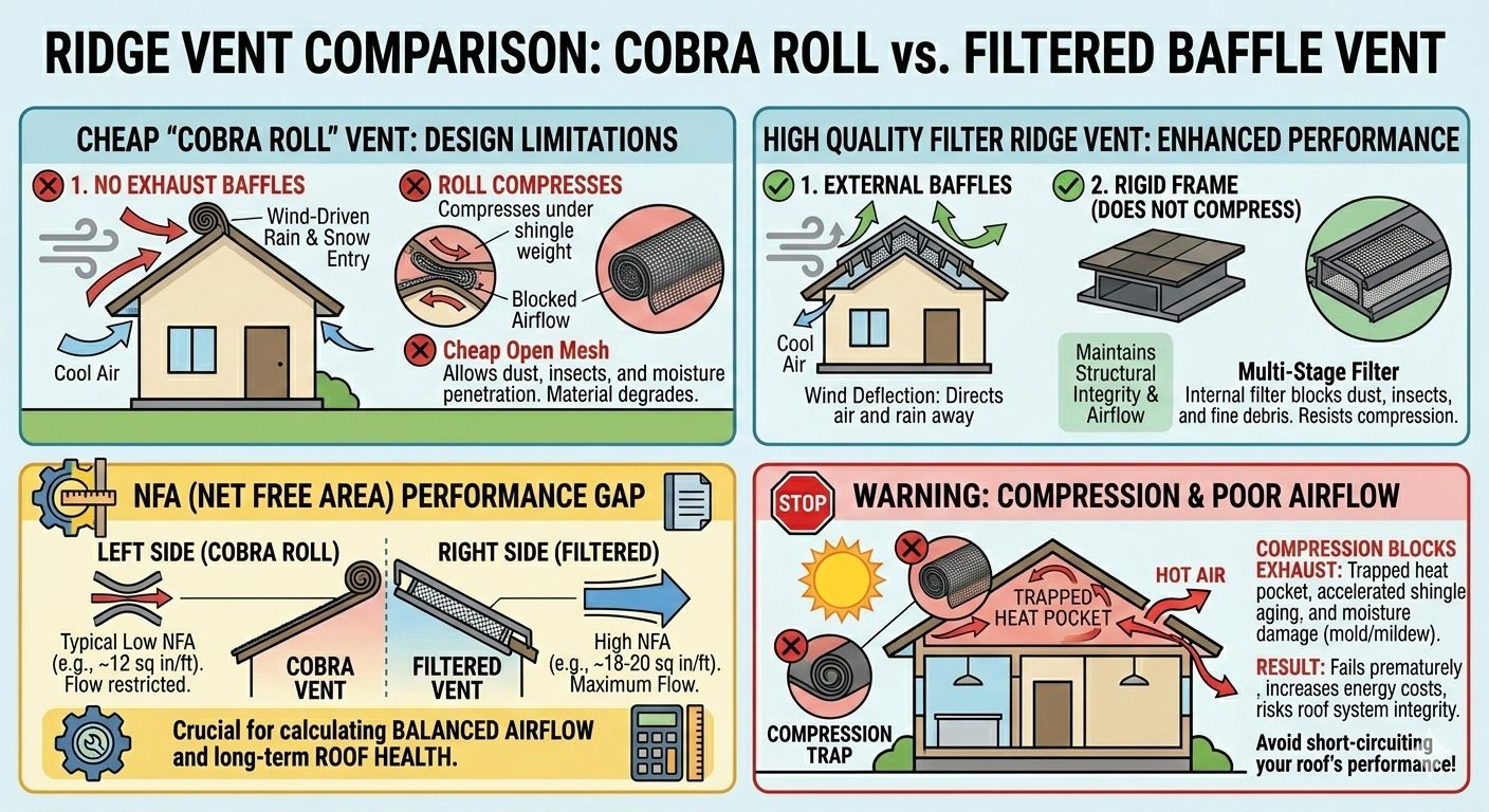 Ridge vent comparison infographic: Cobra Roll vs. Filtered Baffle Vent — comparing exhaust baffles, compression resistance, mesh quality, Net Free Area (NFA) performance gap, and the consequences of poor airflow.