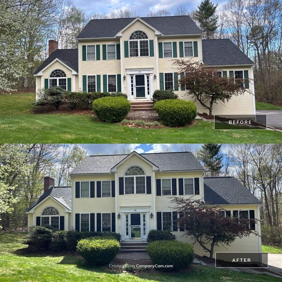 Before and after architectural asphalt shingle roof replacement in Brentwood, NH by Compass Exteriors