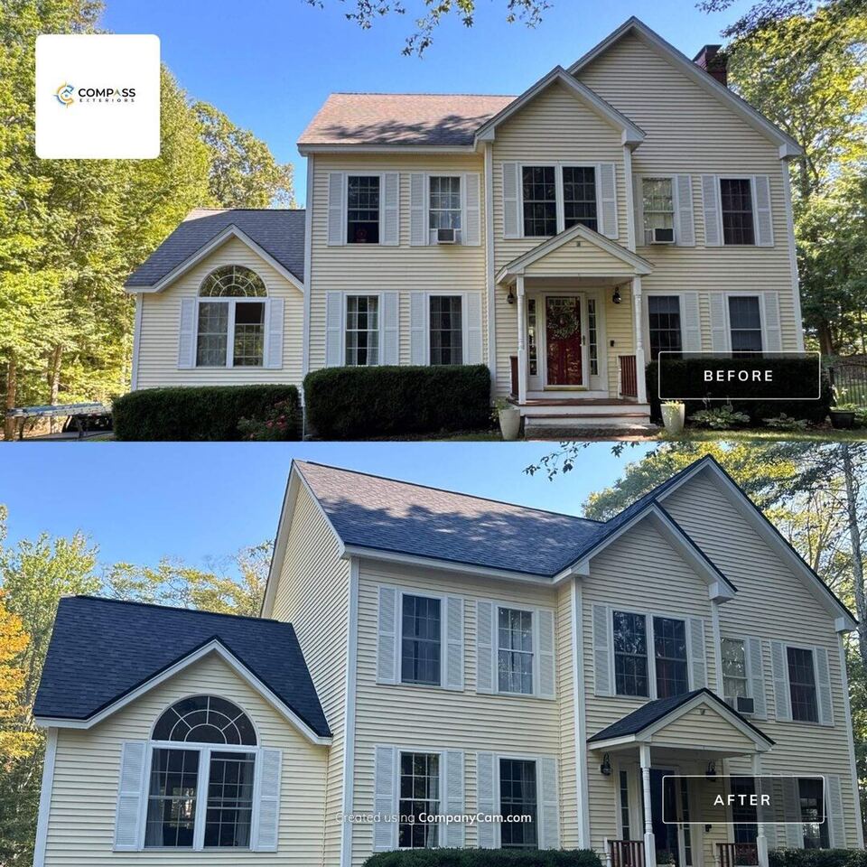 Before and after architectural asphalt shingle roof replacement in Brentwood, NH by Compass Exteriors