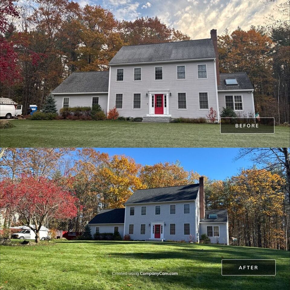 Before and after architectural asphalt shingle roof replacement in Brentwood, NH by Compass Exteriors