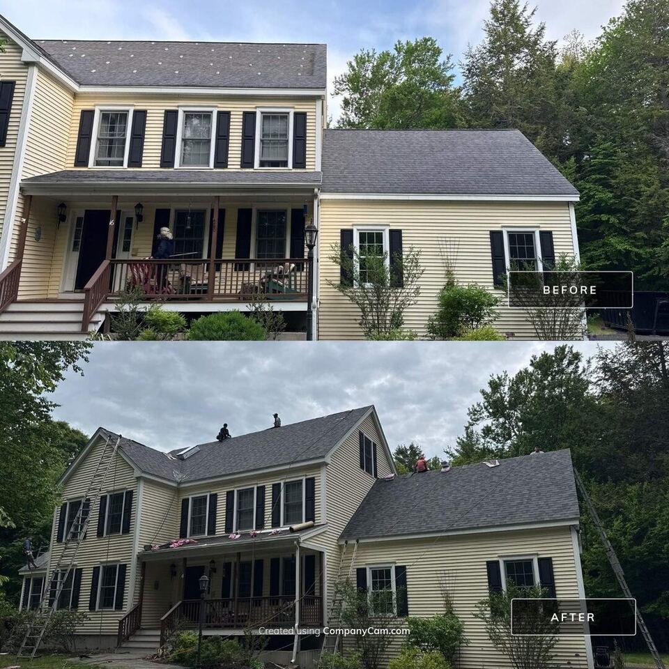 Before and after architectural asphalt shingle roof replacement in Derry, NH by Compass Exteriors