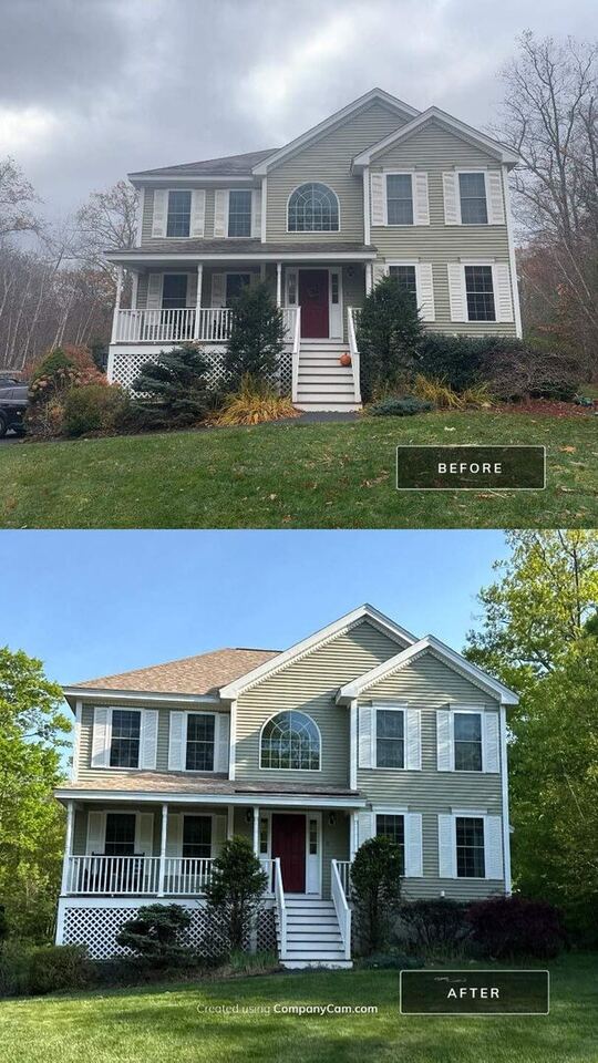 Before and after architectural asphalt shingle roof replacement in Derry, NH by Compass Exteriors