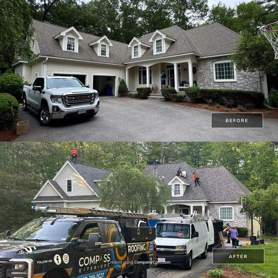 Before and after asphalt shingle roof replacement in Exeter, NH by Compass Exteriors