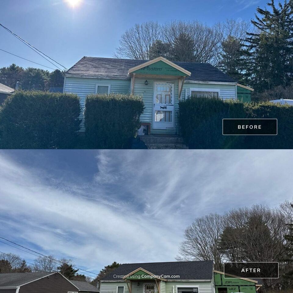 Before and after new-construction asphalt shingle roof in Hampton, NH by Compass Exteriors