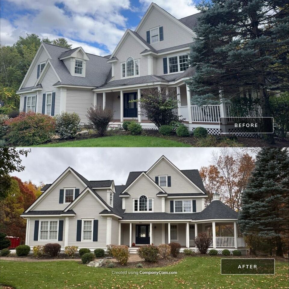 Before and after architectural asphalt shingle roof replacement in Hollis, NH by Compass Exteriors