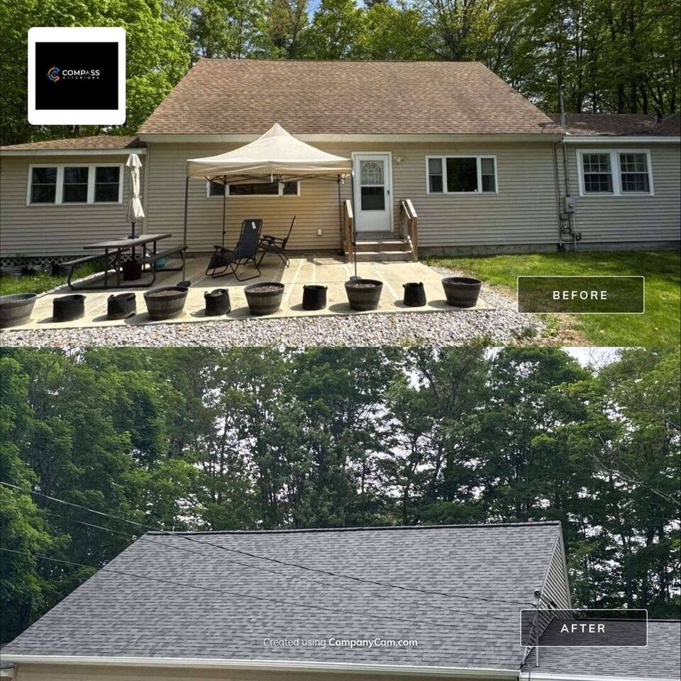 Before and after architectural asphalt shingle roof replacement in Kensington, NH by Compass Exteriors