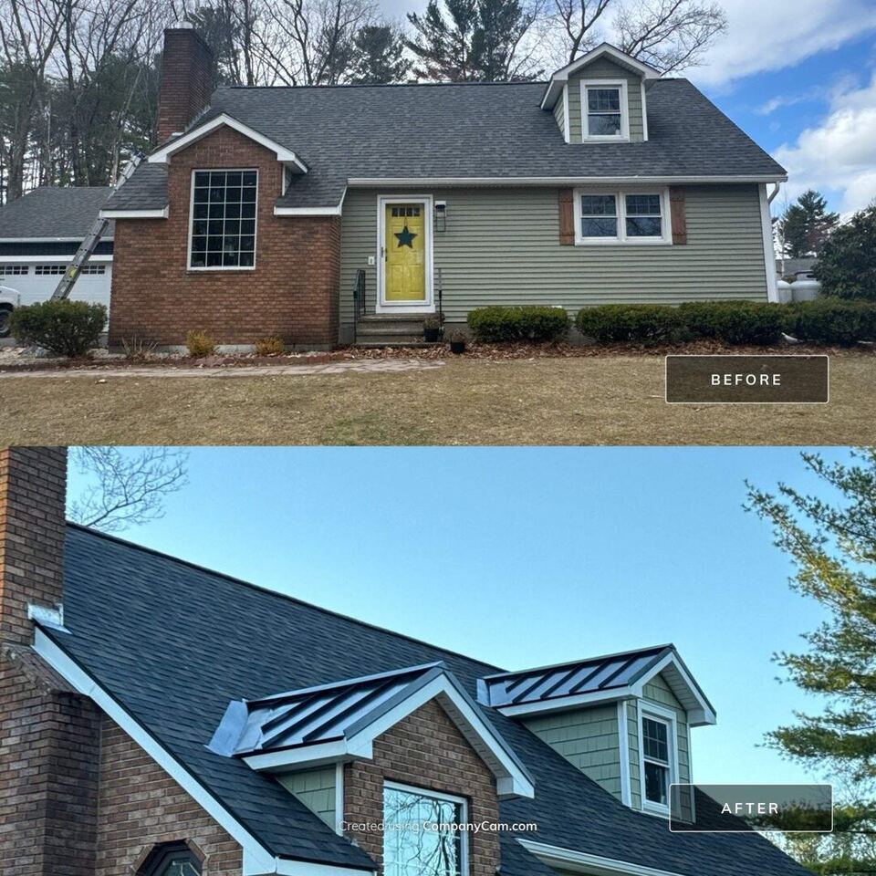 Before and after asphalt shingle roof with standing-seam metal accent in Londonderry, NH by Compass Exteriors