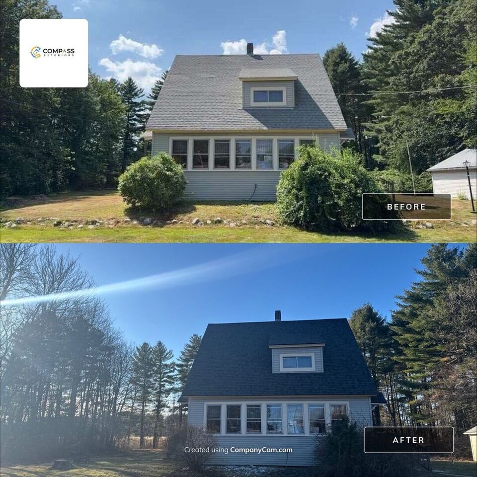 Before and after architectural asphalt shingle roof replacement in Manchester, NH by Compass Exteriors