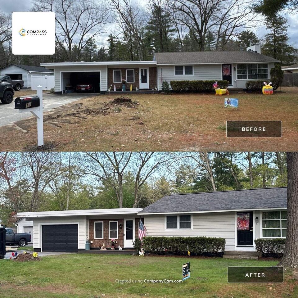 Before and after architectural asphalt shingle roof replacement in Merrimack, NH by Compass Exteriors