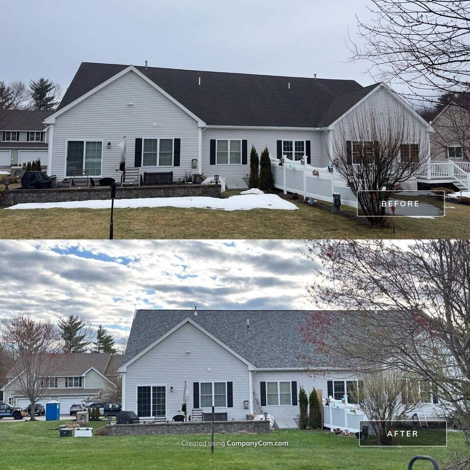Before and after architectural asphalt shingle roof replacement in Stratham, NH by Compass Exteriors
