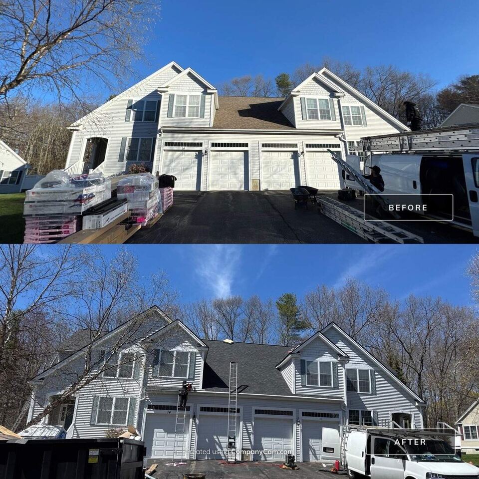 Before and after architectural asphalt shingle roof replacement in Stratham, NH by Compass Exteriors